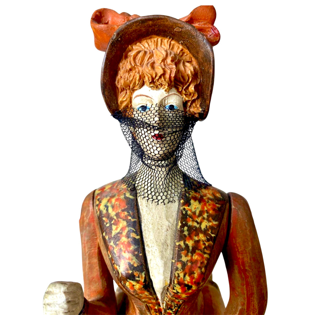 Scultura in legno vintage - Statuina Dama con Ombrellino e Velo, stile Belle Époque / Vittoriano