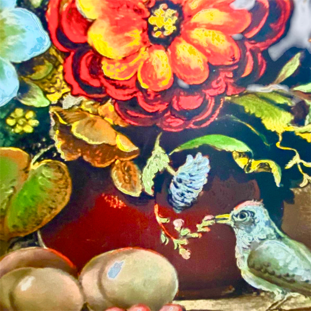 Antico Quadro Ovale Dipinto su Tavola - Natura Morta "Vaso con Fiori e Uccellino" - Novecento