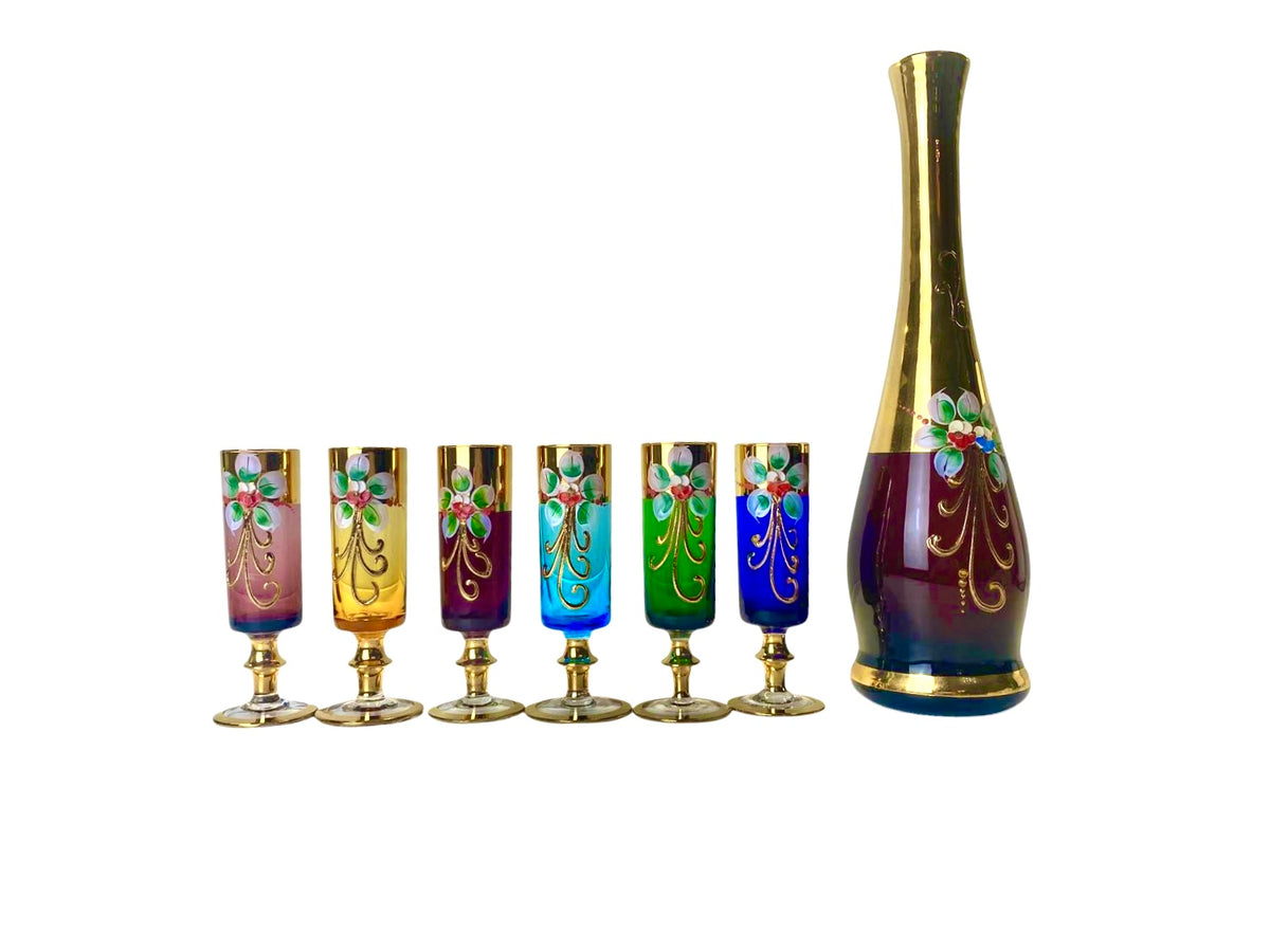 Servizio Liquore Vintage Vetro di Murano "Tre Fuochi" - Decanter e 6 Bicchieri Arlecchino