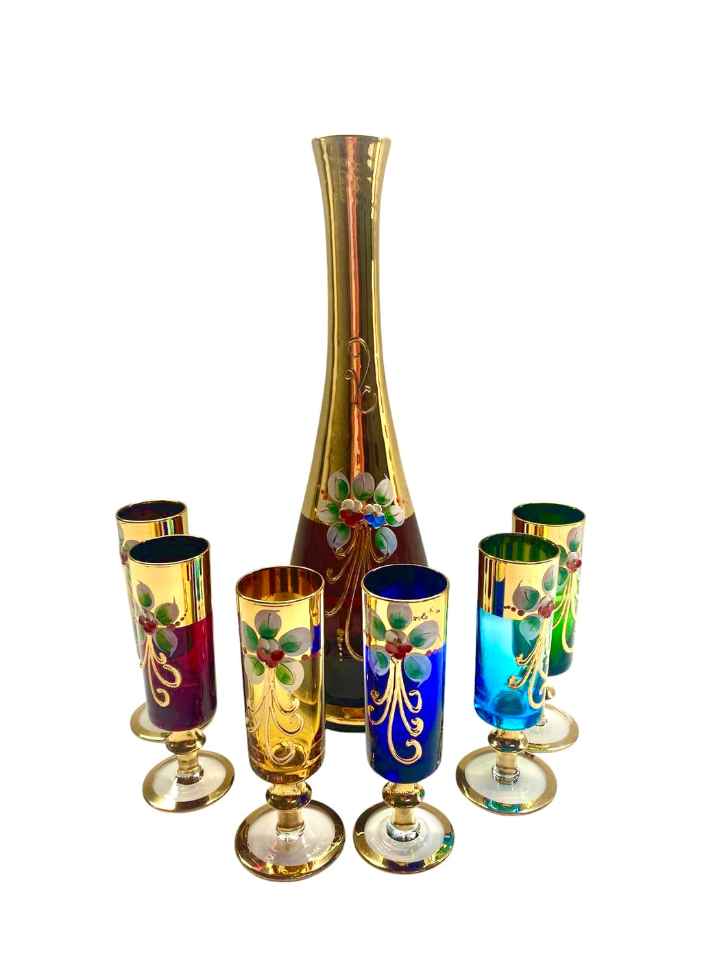 Servizio Liquore Vintage Vetro di Murano "Tre Fuochi" - Decanter e 6 Bicchieri Arlecchino