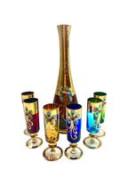 Servizio Liquore Vintage Vetro di Murano "Tre Fuochi" - Decanter e 6 Bicchieri Arlecchino