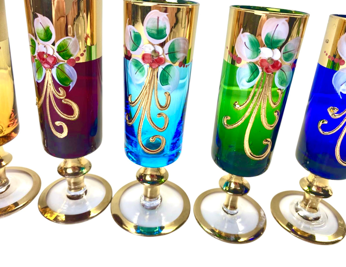 Servizio Liquore Vintage Vetro di Murano "Tre Fuochi" - Decanter e 6 Bicchieri Arlecchino