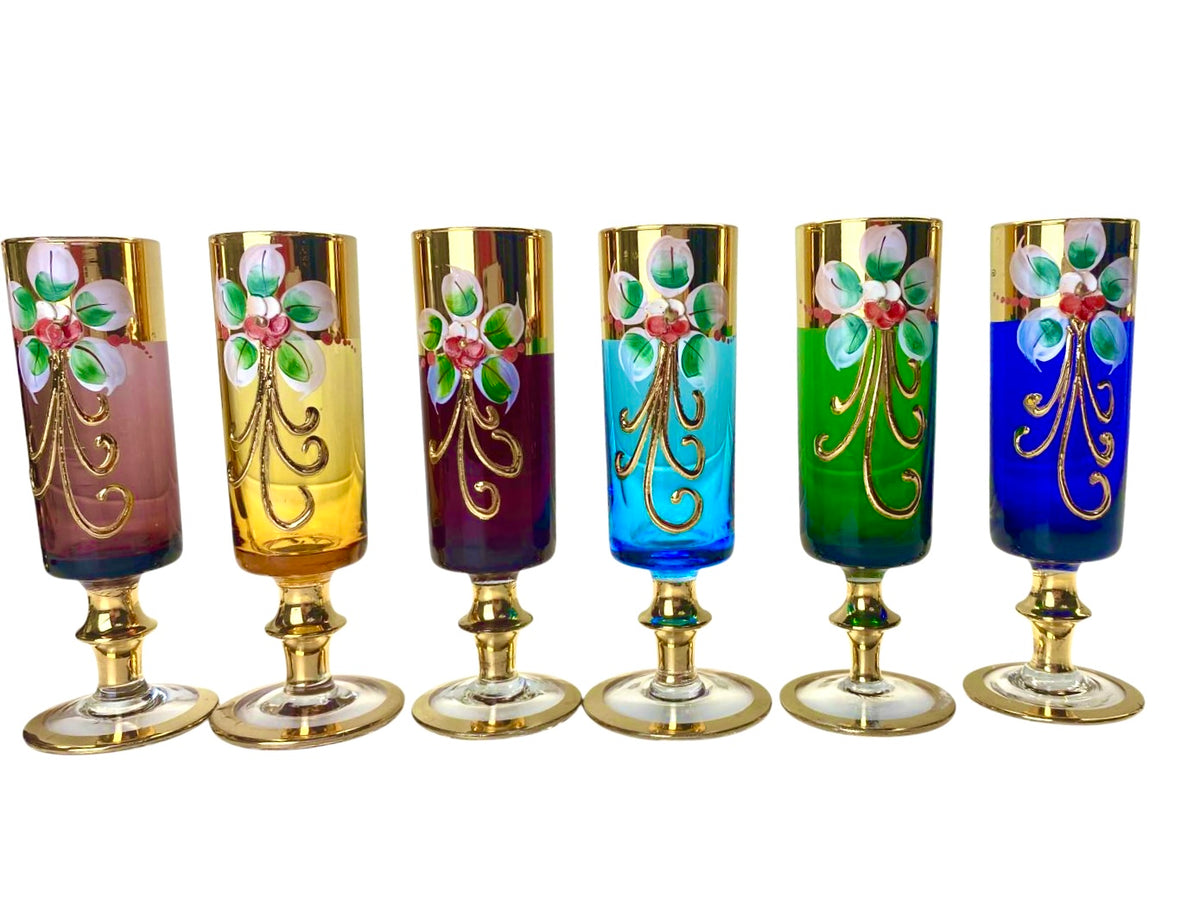 Servizio Liquore Vintage Vetro di Murano "Tre Fuochi" - Decanter e 6 Bicchieri Arlecchino