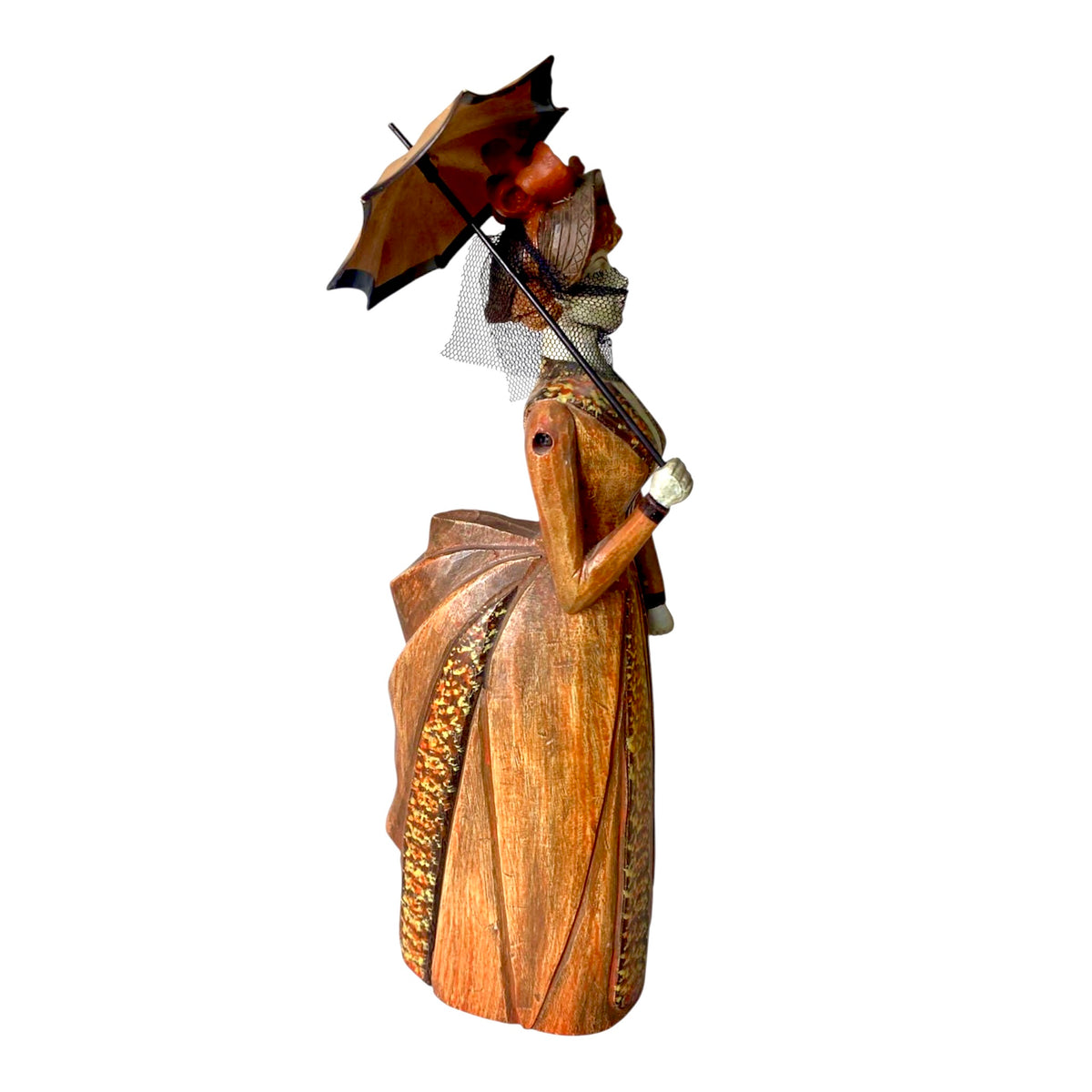 Scultura in legno vintage - Statuina Dama con Ombrellino e Velo, stile Belle Époque / Vittoriano