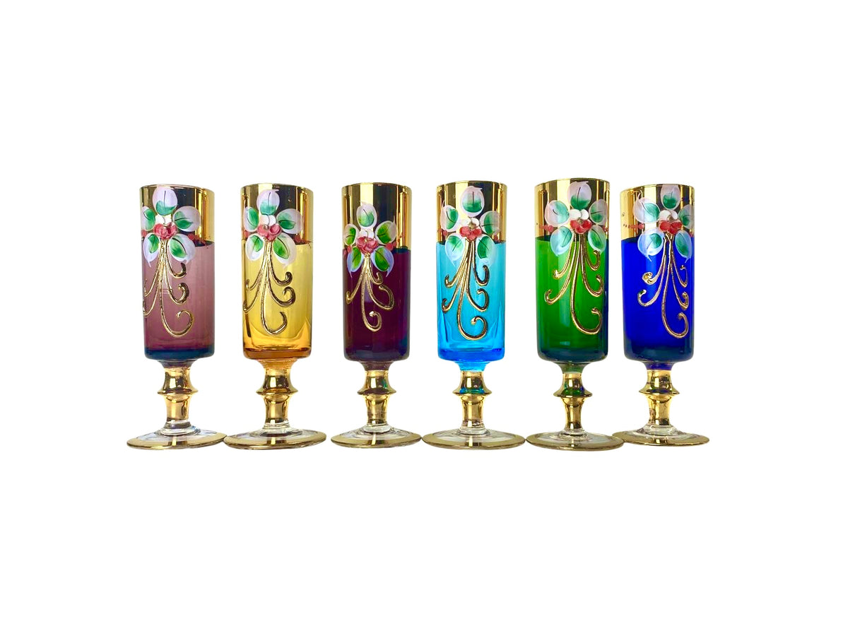 Servizio Liquore Vintage Vetro di Murano "Tre Fuochi" - Decanter e 6 Bicchieri Arlecchino