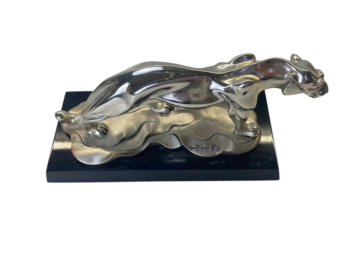 Scultura Pantera in Resina Argentata (Stile Art Déco) su Base Nera
