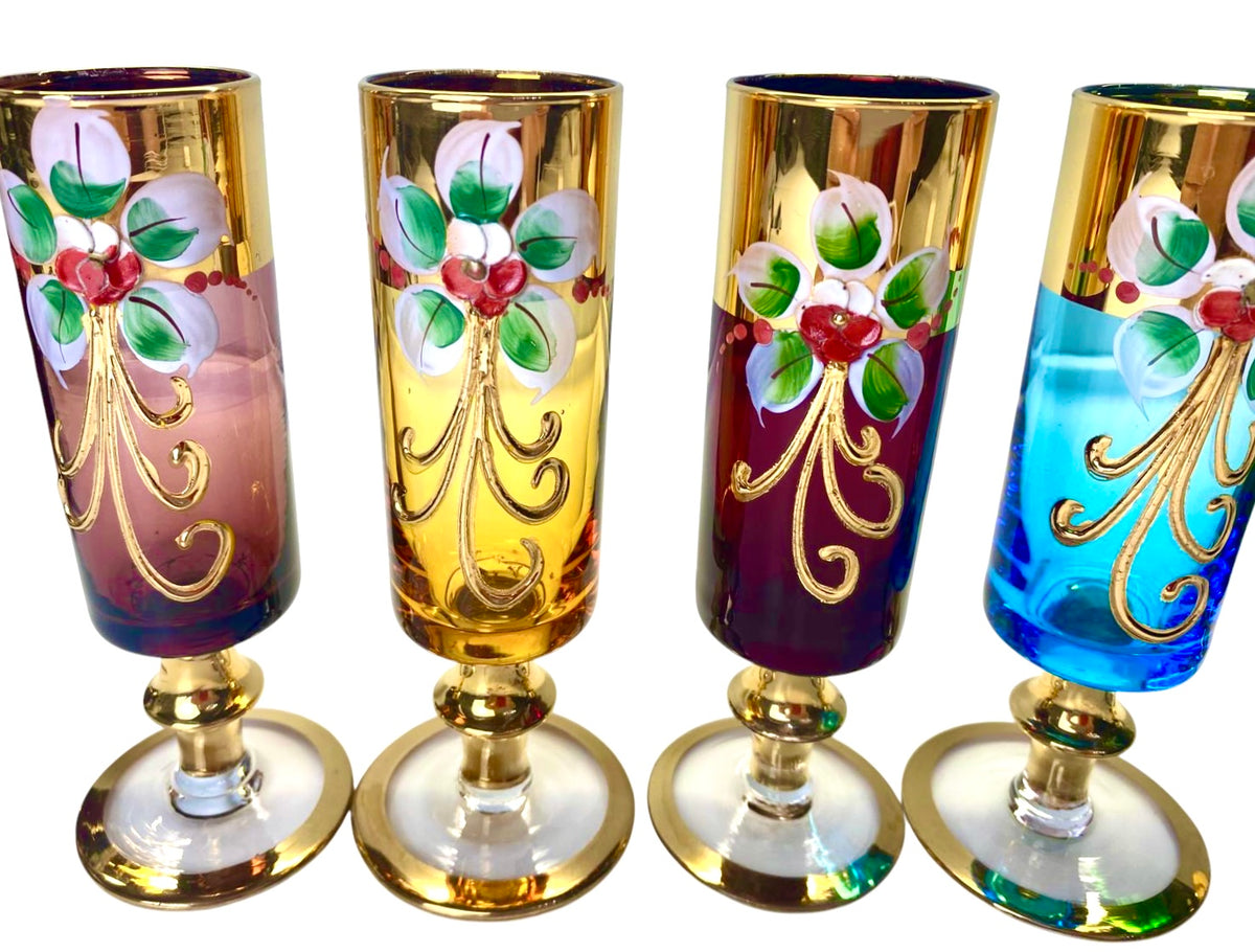 Servizio Liquore Vintage Vetro di Murano "Tre Fuochi" - Decanter e 6 Bicchieri Arlecchino