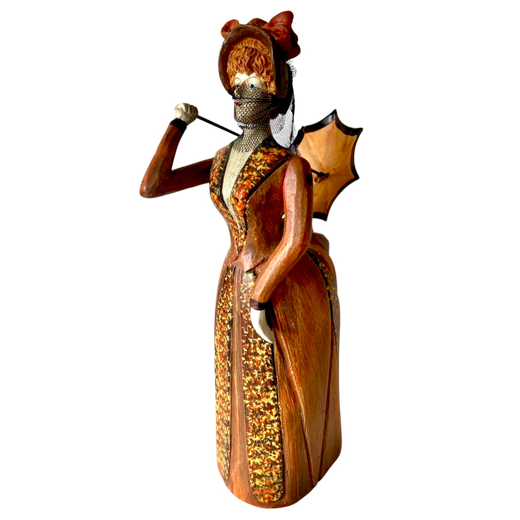 Scultura in legno vintage - Statuina Dama con Ombrellino e Velo, stile Belle Époque / Vittoriano