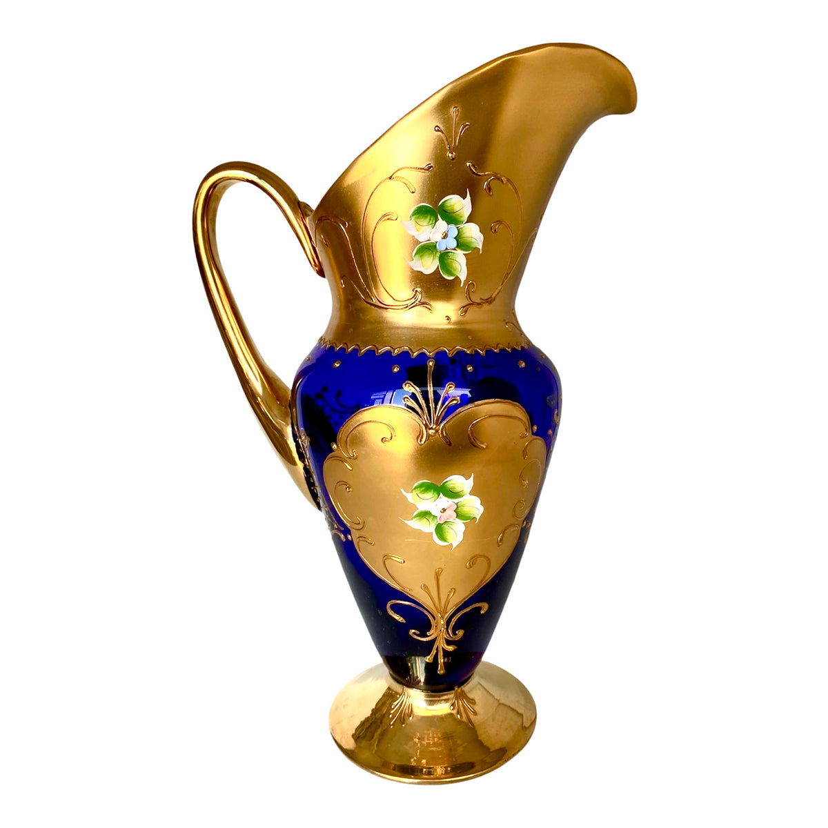 Servizio Vintage Murano Vetro Blu Cobalto, Oro Zecchino e Smalto - Caraffa + 6 Calici