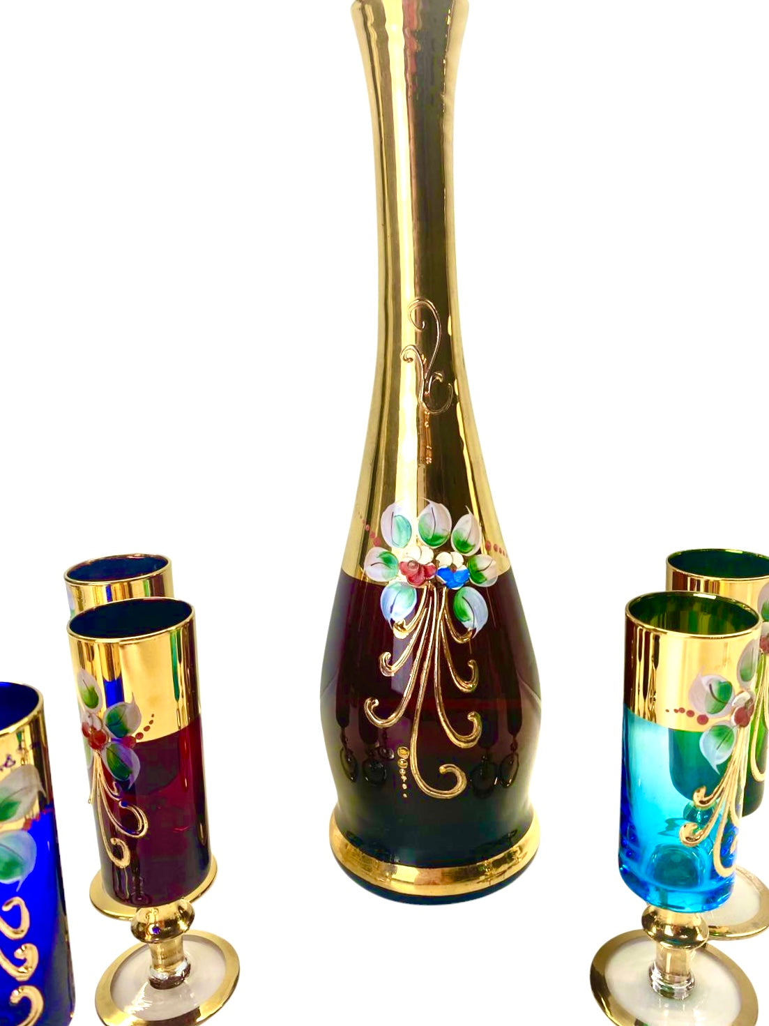 Servizio Liquore Vintage Vetro di Murano "Tre Fuochi" - Decanter e 6 Bicchieri Arlecchino