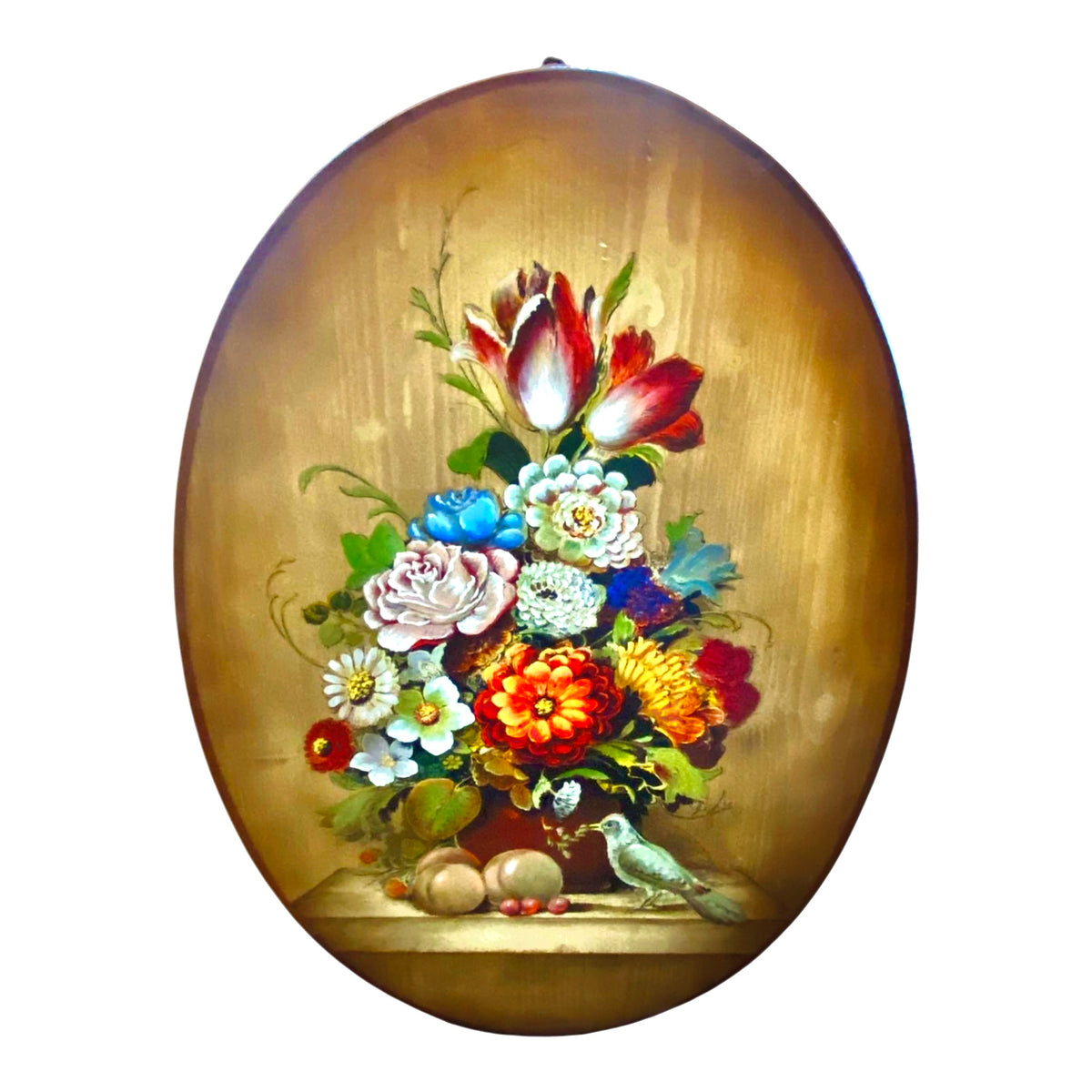 Antico Quadro Ovale Dipinto su Tavola - Natura Morta "Vaso con Fiori e Uccellino" - Novecento