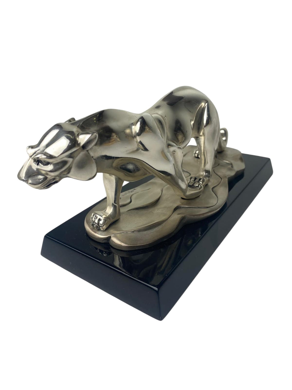 Silver-Plated Resin Panther Sculpture (Art Deco Style) on Black Base