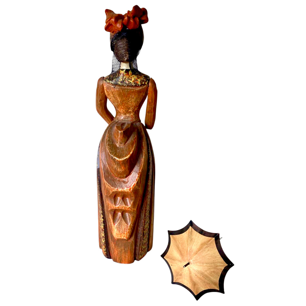 Scultura in legno vintage - Statuina Dama con Ombrellino e Velo, stile Belle Époque / Vittoriano