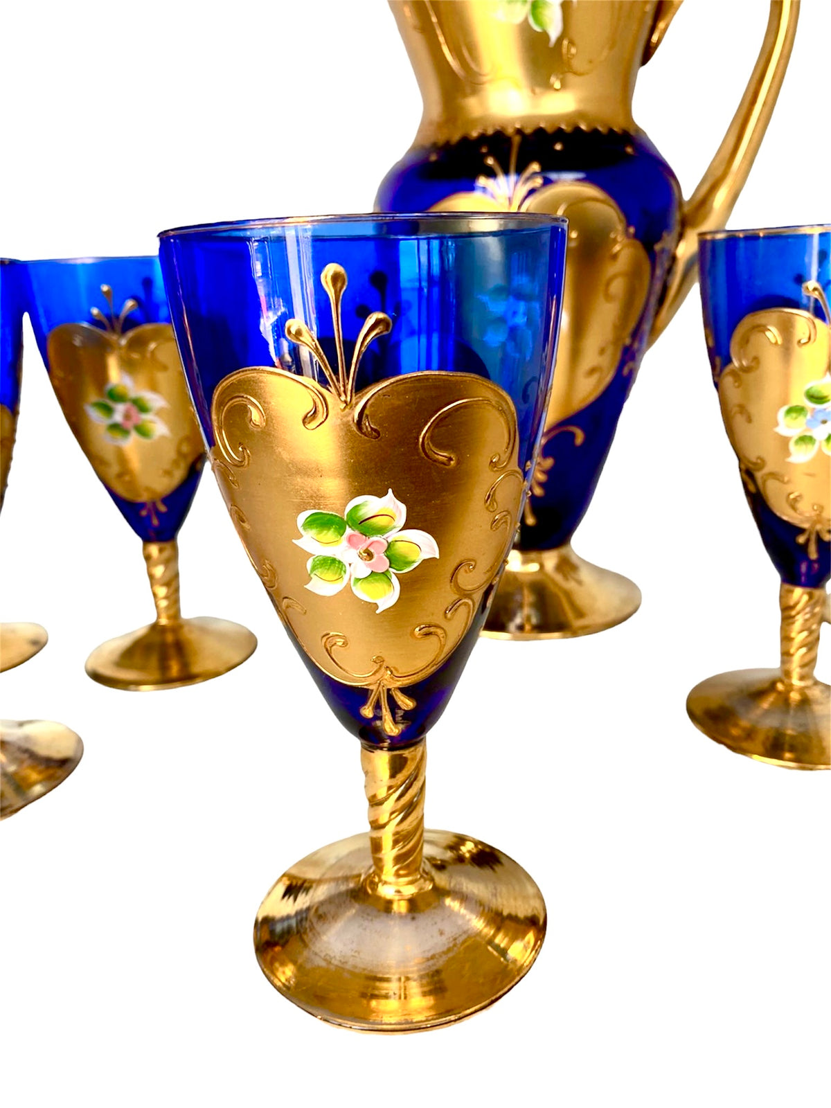 Servizio Vintage Murano Vetro Blu Cobalto, Oro Zecchino e Smalto - Caraffa + 6 Calici