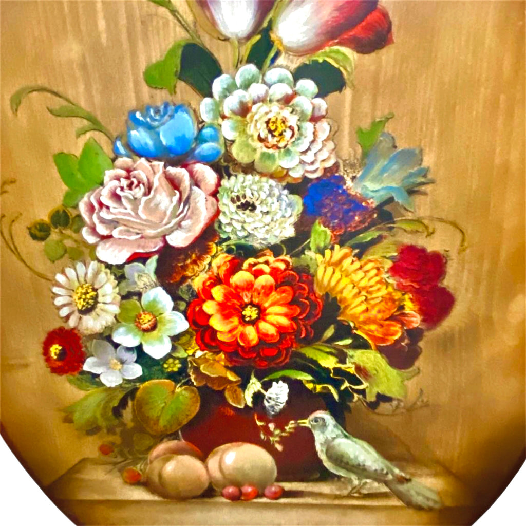 Antico Quadro Ovale Dipinto su Tavola - Natura Morta "Vaso con Fiori e Uccellino" - Novecento
