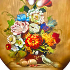 Antico Quadro Ovale Dipinto su Tavola - Natura Morta "Vaso con Fiori e Uccellino" - Novecento