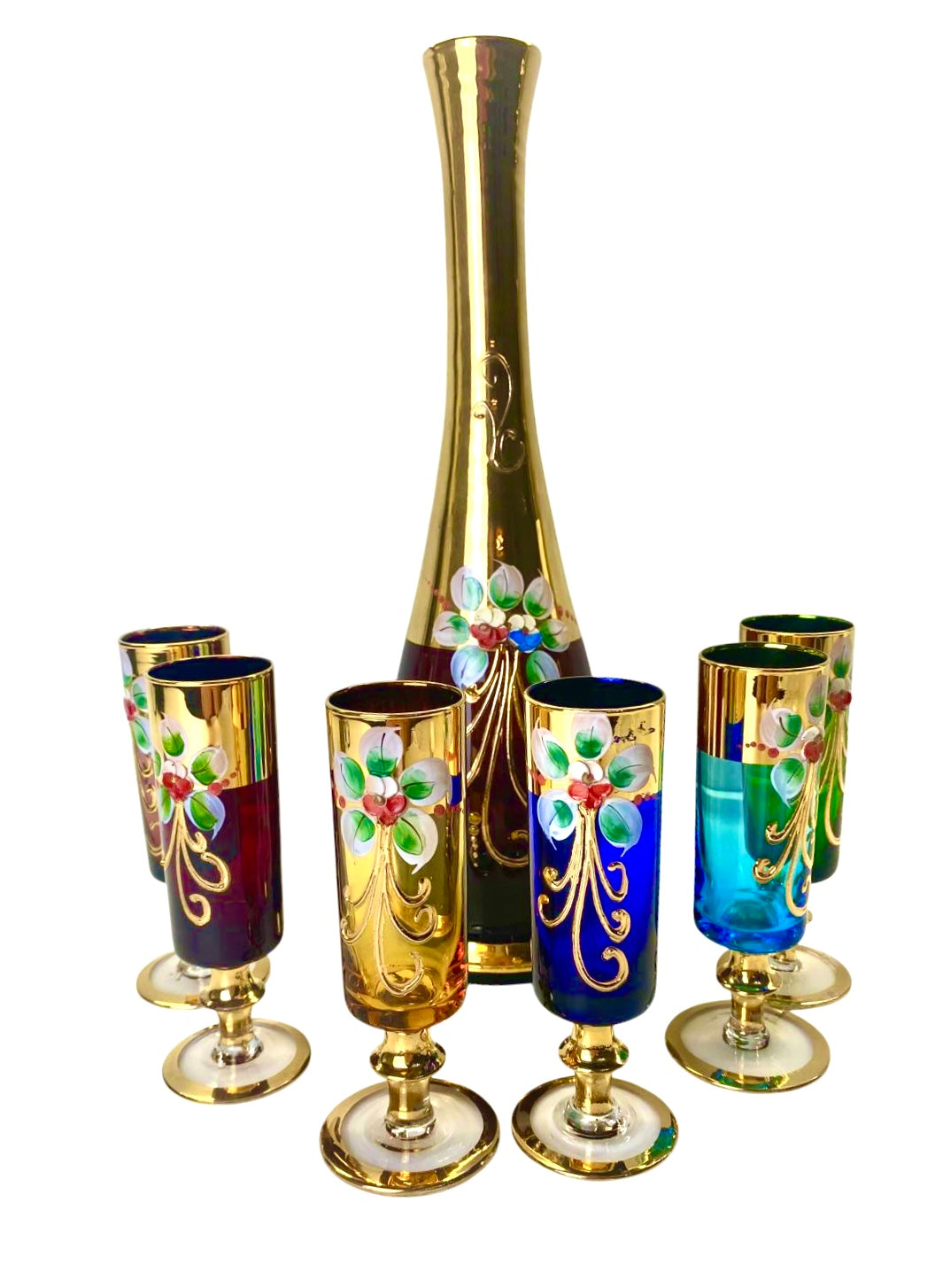 Servizio Liquore Vintage Vetro di Murano "Tre Fuochi" - Decanter e 6 Bicchieri Arlecchino
