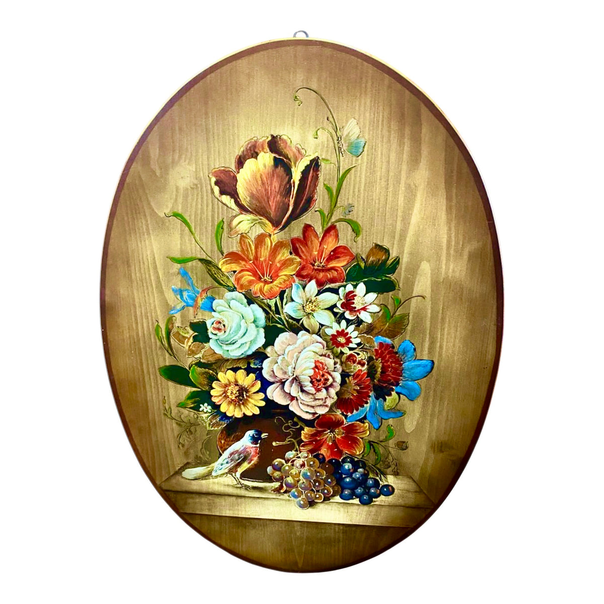 Incantevole Quadro Ovale Vintage – Natura Morta Floreale Dipinta su Tavola di Legno