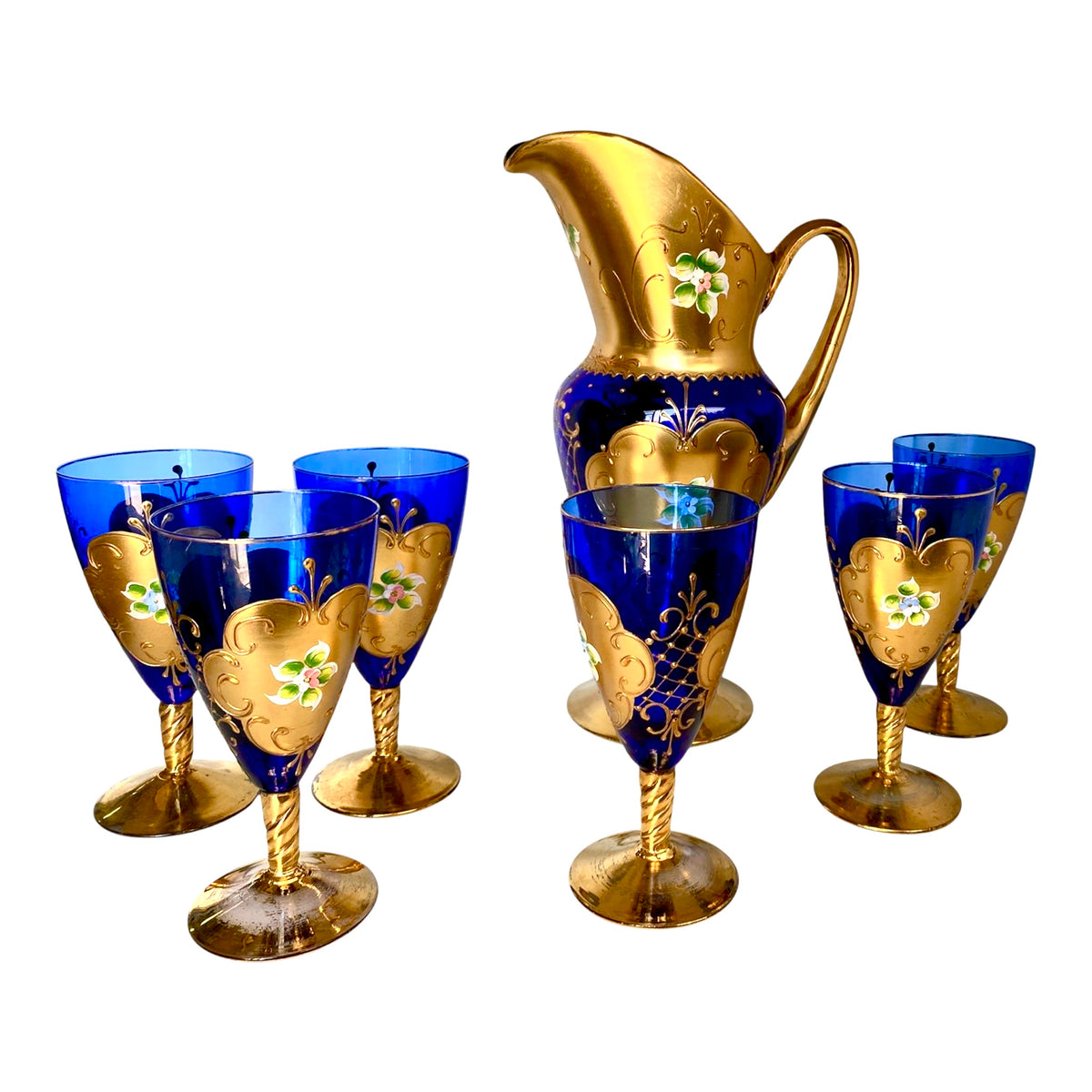 Servizio Vintage Murano Vetro Blu Cobalto, Oro Zecchino e Smalto - Caraffa + 6 Calici