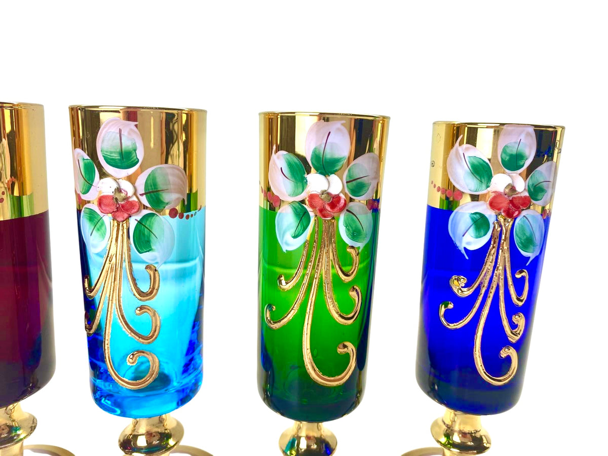 Servizio Liquore Vintage Vetro di Murano "Tre Fuochi" - Decanter e 6 Bicchieri Arlecchino