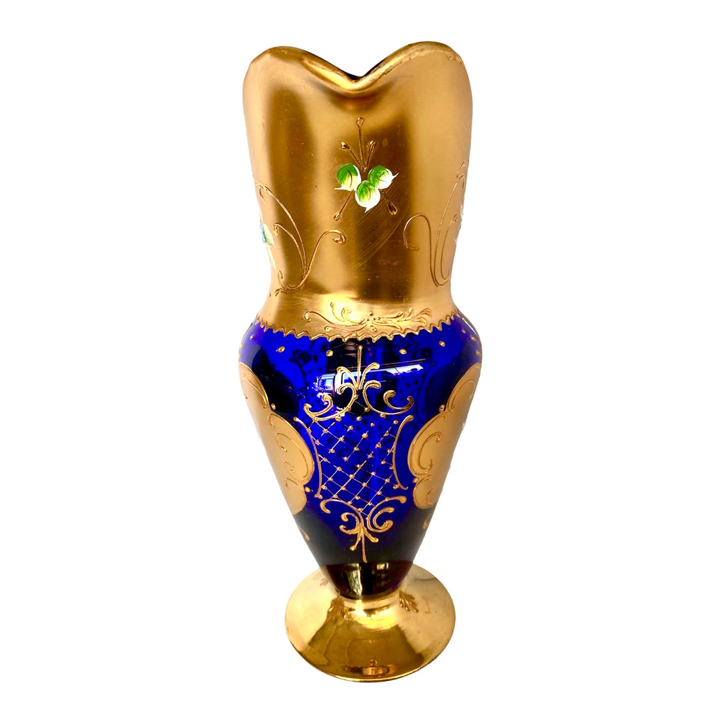 Servizio Vintage Murano Vetro Blu Cobalto, Oro Zecchino e Smalto - Caraffa + 6 Calici
