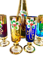 Servizio Liquore Vintage Vetro di Murano "Tre Fuochi" - Decanter e 6 Bicchieri Arlecchino