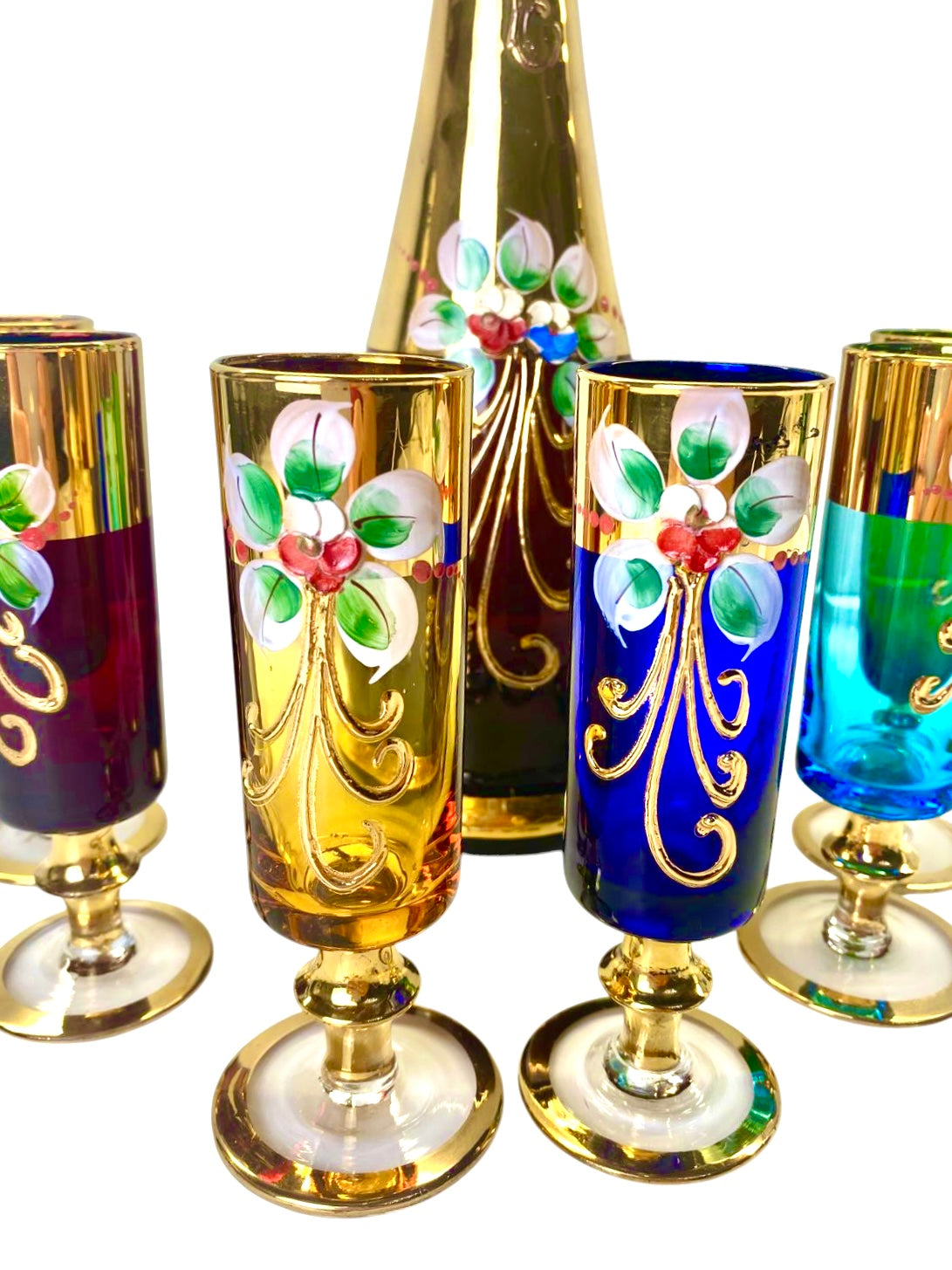 Servizio Liquore Vintage Vetro di Murano "Tre Fuochi" - Decanter e 6 Bicchieri Arlecchino