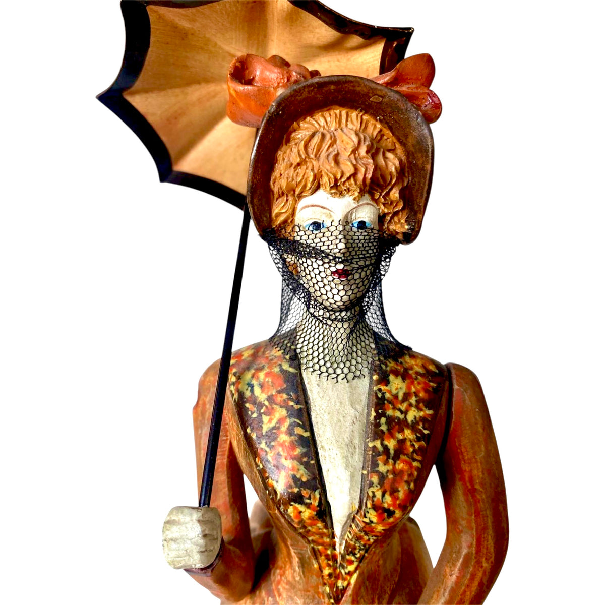 Scultura in legno vintage - Statuina Dama con Ombrellino e Velo, stile Belle Époque / Vittoriano