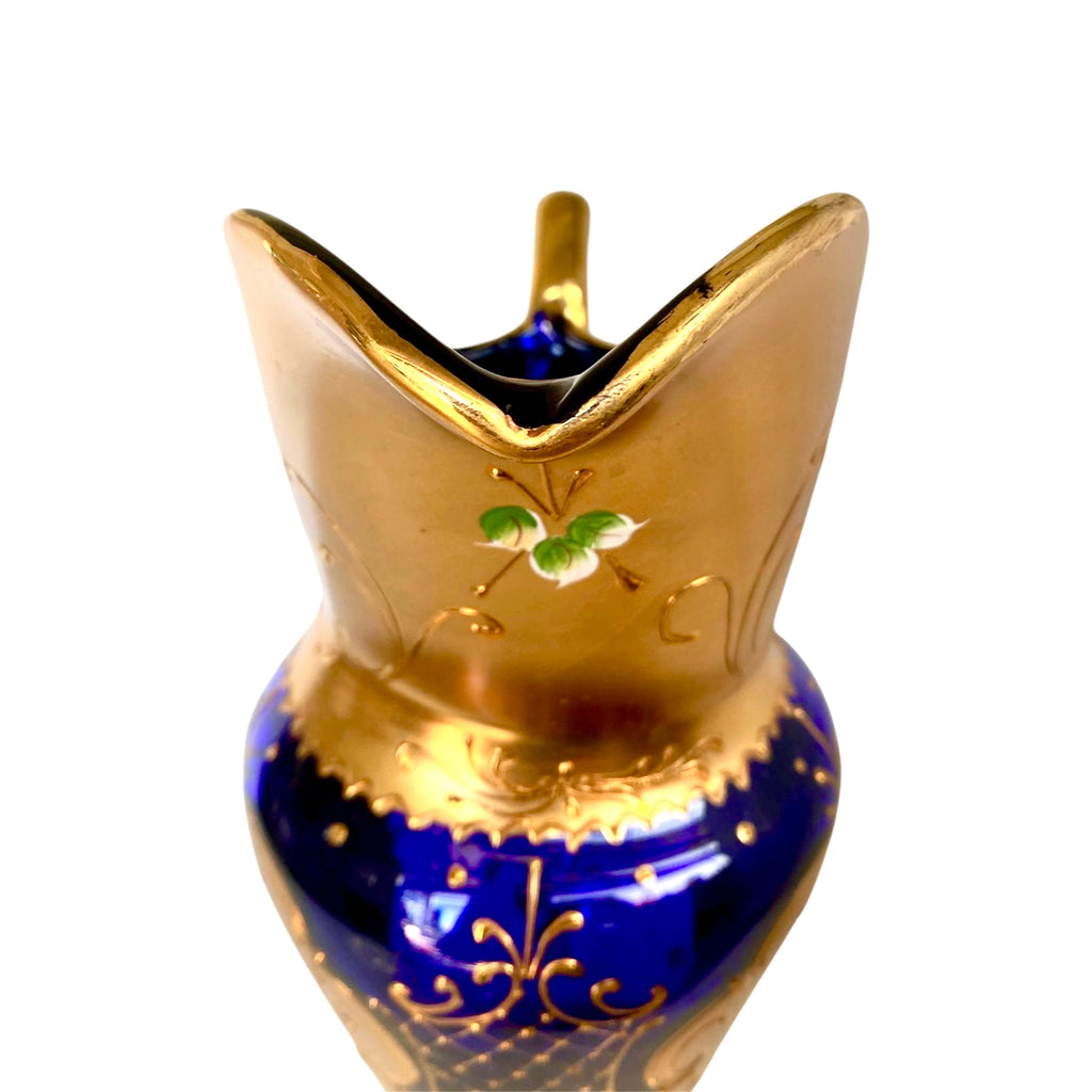 Servizio Vintage Murano Vetro Blu Cobalto, Oro Zecchino e Smalto - Caraffa + 6 Calici