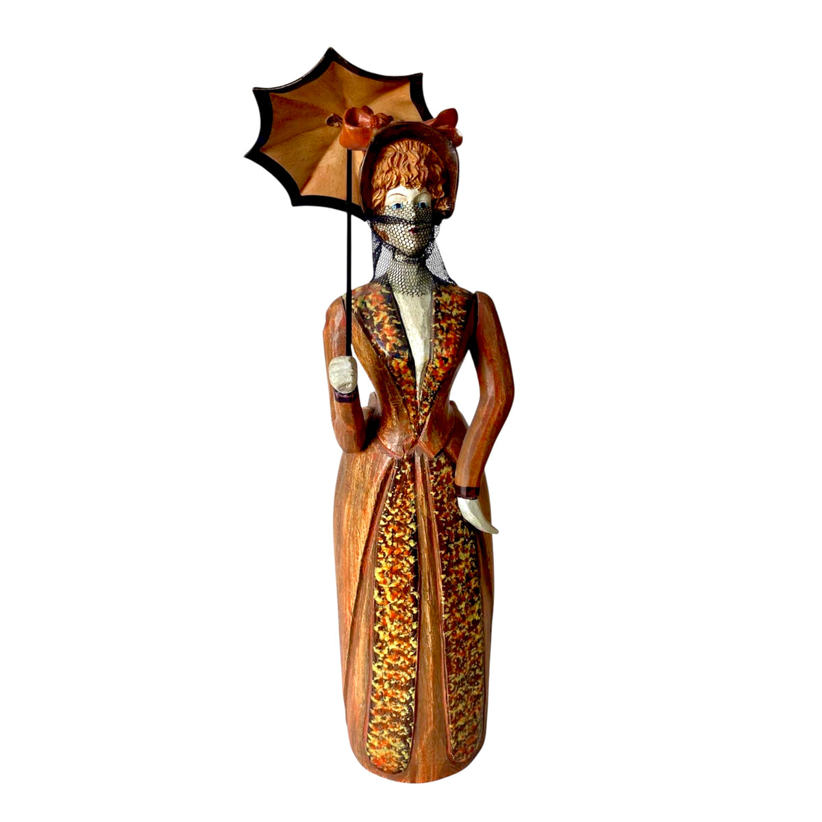 Scultura in legno vintage - Statuina Dama con Ombrellino e Velo, stile Belle Époque / Vittoriano