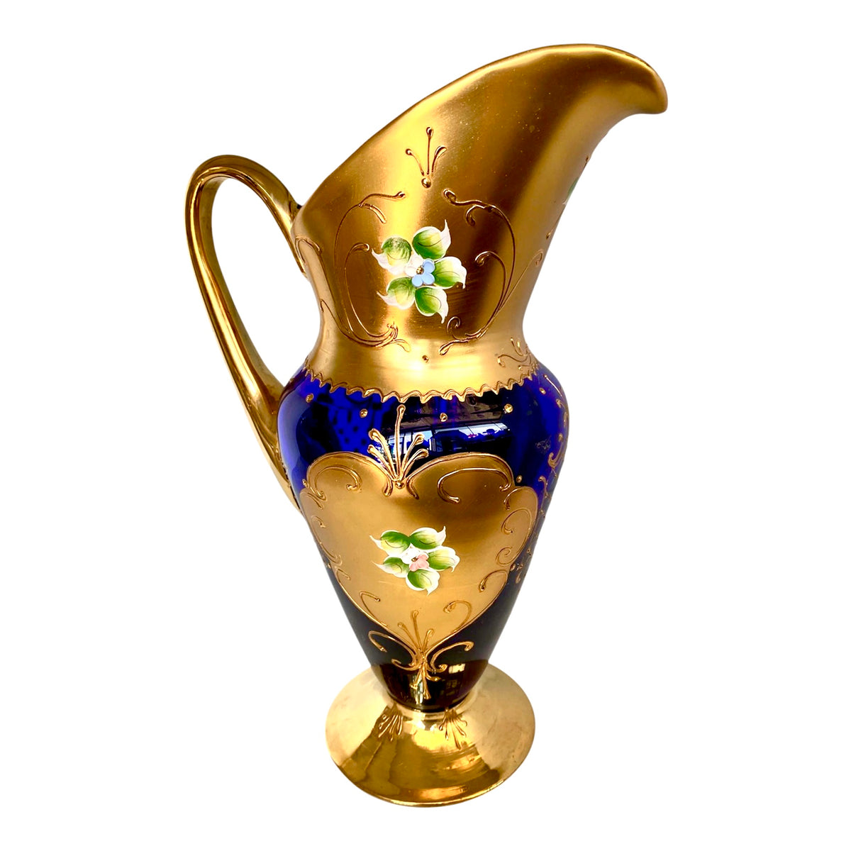 Servizio Vintage Murano Vetro Blu Cobalto, Oro Zecchino e Smalto - Caraffa + 6 Calici