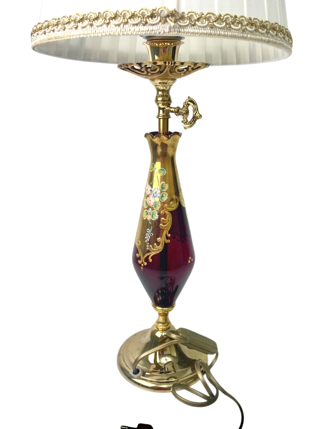 Splendida Lampada da Tavolo Vintage in Vetro di Murano Rosso Rubino e Oro Zecchino